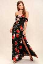 I Care Black Floral Print Off-the-shoulder Maxi Dress | Lulus