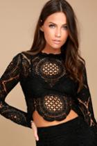 Lulus | Bring Me Back Black Lace Long Sleeve Crop Top | Size Large | 100% Polyester