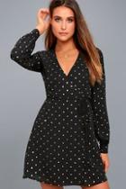 Lulus Wandering Soul Gold And Black Polka Dot Wrap Dress