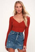 Weekend Muse Rust Red Long Sleeve Ruched Top | Lulus