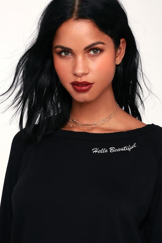 Hello Beautiful Black Embroidered Sweatshirt | Lulus