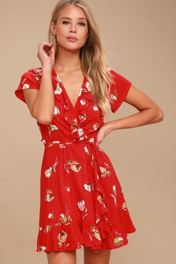 Kivari Romance Red Floral Print Wrap Dress | Lulus