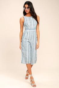 Olive + Oak My Dearest Blue And White Striped Midi Jumpsuit