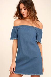 Lulus Roam Along Blue Chambray Off-the-shoulder Dress