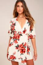 Lulus | Orchard Fresh Cream Floral Print Wrap Dress | Size Medium | White | 100% Rayon