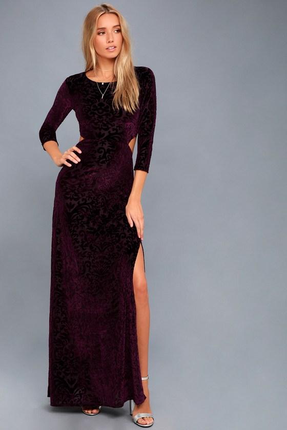 Lulus | Perfect Night Plum Purple Velvet Print Maxi Dress | Size Medium | 100% Polyester