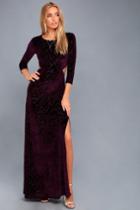 Lulus | Perfect Night Plum Purple Velvet Print Maxi Dress | Size Medium | 100% Polyester
