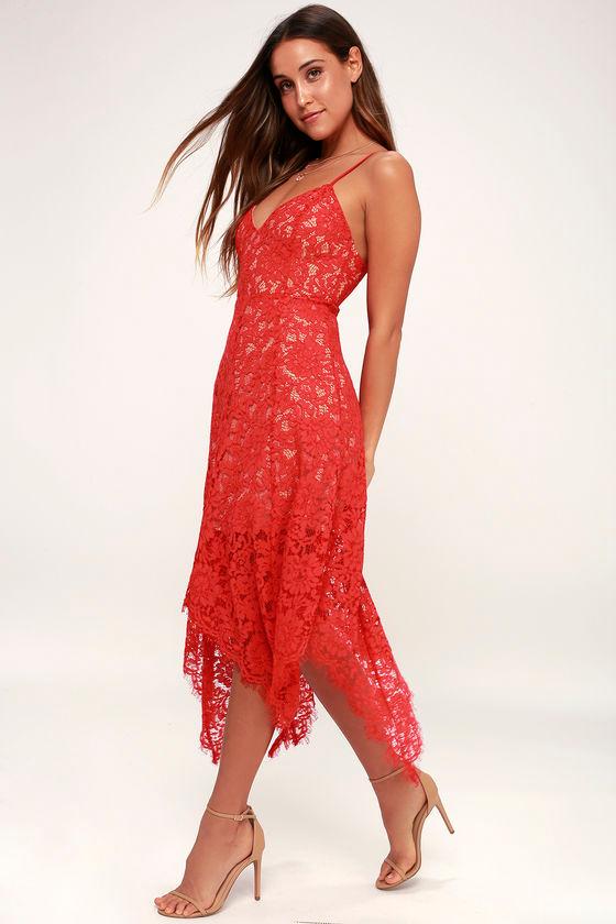 One Wish Red Lace Midi Dress | Lulus