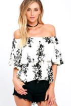 Lulus | Heron Heights Black And Cream Print Off-the-shoulder Top | Size Large | White | 100% Rayon