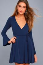 Lulus | Plot Twist Navy Blue Flounce Sleeve Wrap Dress | Size Large