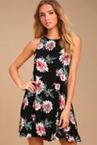 Lulus | Walk This Sway Black Floral Print Swing Dress | Size Large | 100% Rayon