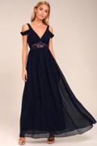 Lulus | Have This Dance Navy Blue Lace Off-the-shoulder Maxi Dress | Size Large | 100% Polyester