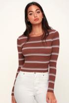 Daphnie Rust Brown Striped Cropped Sweater Top | Lulus