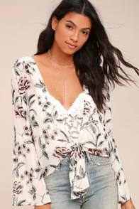 Lulus Stay Together Sheer White Floral Print Tie-front Top