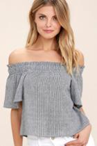 Lulus | Seas The Day Blue And White Striped Off-the-shoulder Top | Size Medium | 100% Cotton