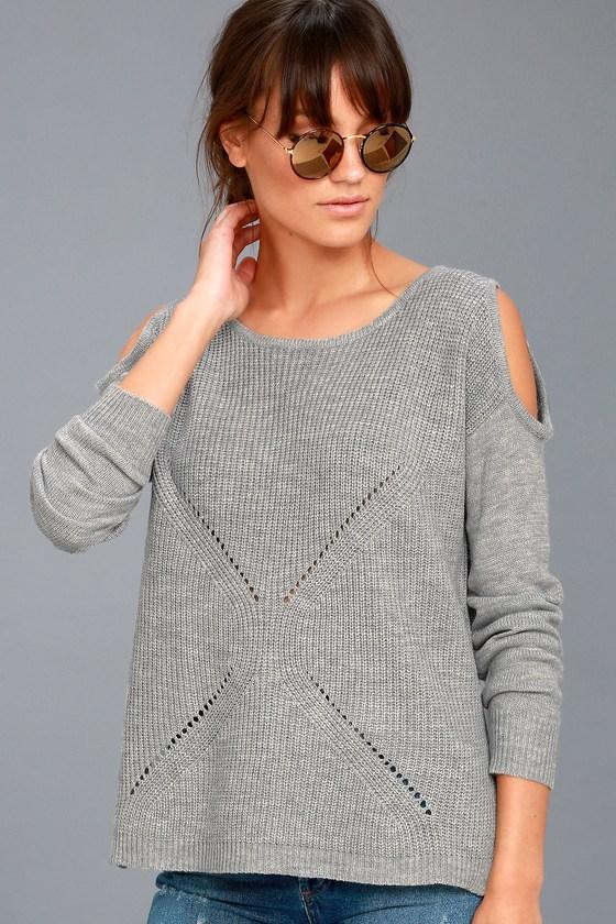 Lulus | London Fog Grey Cold Shoulder Sweater | Size Large
