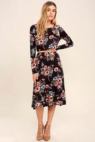 Lulus Dance In The Rain Navy Blue Floral Print Long Sleeve Midi Dress