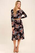 Lulus Dance In The Rain Navy Blue Floral Print Long Sleeve Midi Dress