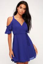 Bombshell Royal Blue Off-the-shoulder Wrap Dress | Lulus