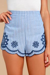 Flying Tomato Cobblestone Street Blue Striped Embroidered Shorts