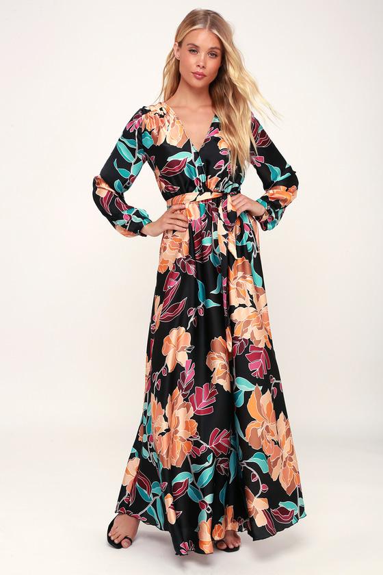 Lanah Black Floral Print Satin Maxi Dress | Lulus