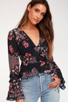 The Fifth Label East Sheer Navy Blue Floral Print Bell Sleeve Wrap Top | Lulus