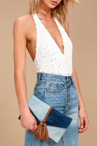 Lulus Patch Things Up Blue Denim Clutch