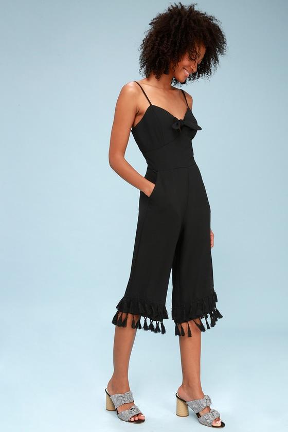 Adelyn Rae Sandy Black Tie-front Tassel Culotte Jumpsuit | Lulus