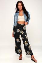 Amuse Society Shore Bird Black Floral Print Lace-up Pants | Lulus