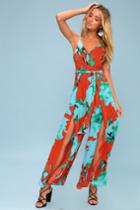 On The Road Alina Coral Red Floral Print Wide-leg Jumpsuit | Lulus