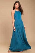 Lulus For Life Teal Blue Embroidered Maxi Dress