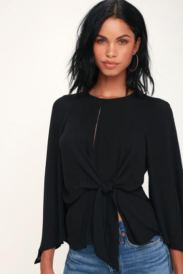 Strut & Bolt Seriously Chic Black Long Sleeve Tie-front Top | Lulus