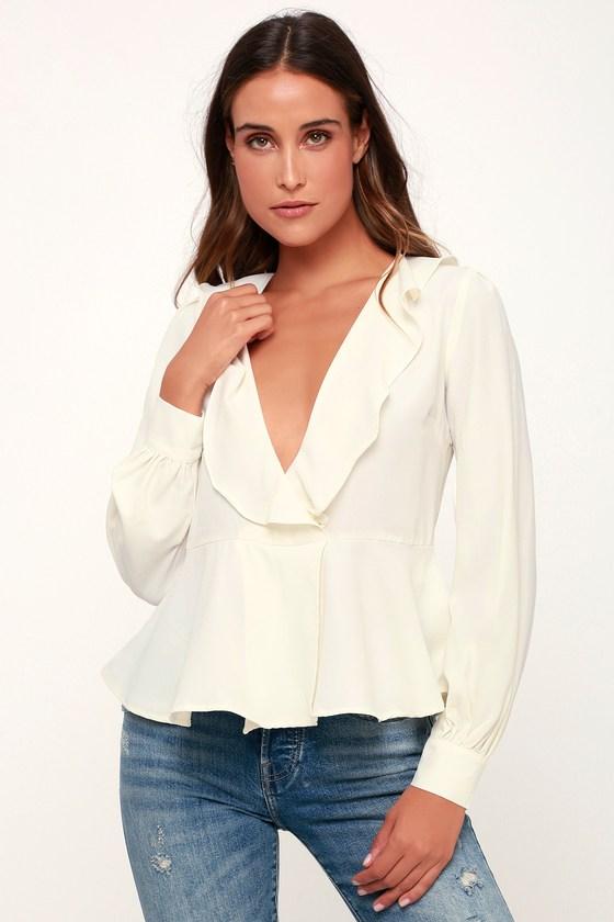 Everyday Romance White Ruffled Long Sleeve Peplum Top | Lulus
