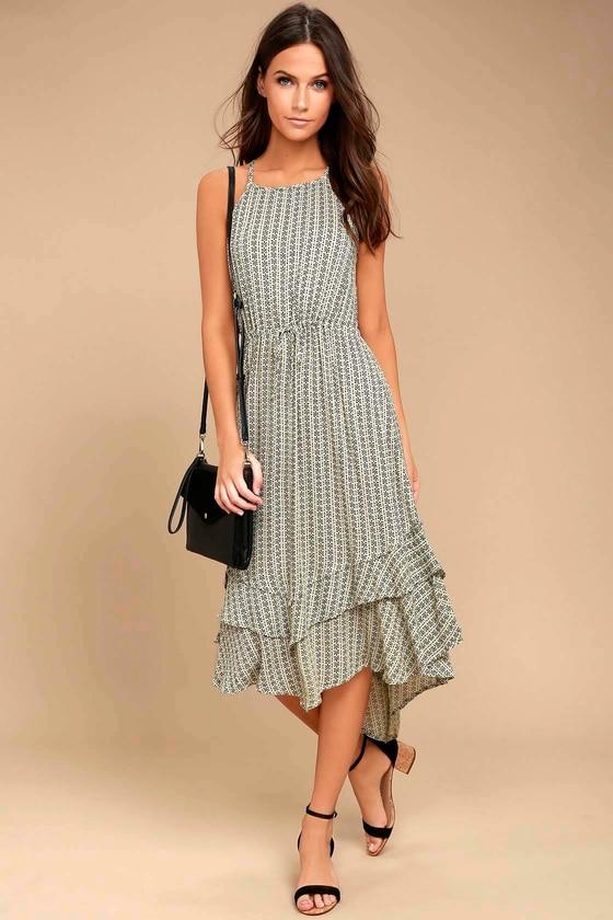 O'neill | Adia Black And Cream Print Midi Dress | Size Large | Beige | Lulus
