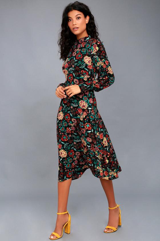 Lulus | Retro Ready Black Floral Print Long Sleeve Midi Dress | Size Medium