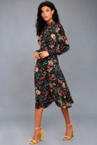 Lulus | Retro Ready Black Floral Print Long Sleeve Midi Dress | Size Medium