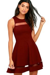 Lulus Sheer Determination Burgundy Mesh Skater Dress