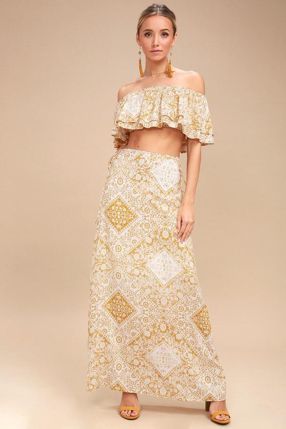 Sage The Label Dream Dancer Mustard Yellow Print Lace-up Maxi Skirt | Lulus