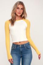 Double Zero Go Team White And Mustard Yellow Long Sleeve Baseball Tee | Lulus