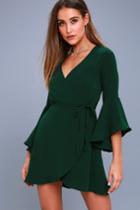 Chrissy Forest Green Flounce Sleeve Wrap Dress | Lulus