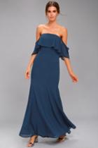 Lulus | All My Heart Navy Blue Off-the-shoulder Maxi Dress | Size Large | 100% Polyester
