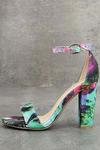 Bamboo Lysander Blue Multi Ankle Strap Heels