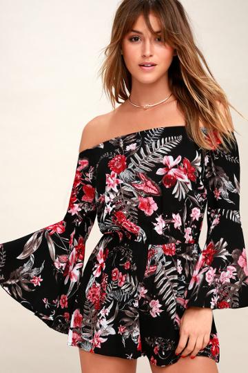 Wildwood Flower Black Tropical Print Off-the-shoulder Romper | Lulus