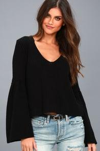 Free People Damsel Black Bell Sleeve Knit Sweater