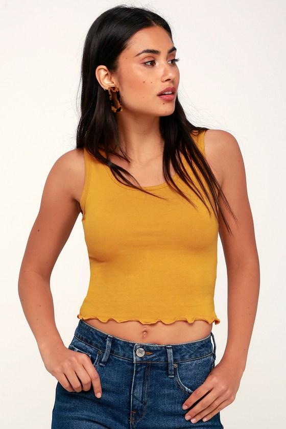 Laila Mustard Yellow Cropped Lettuce Hem Tank Top | Lulus
