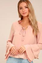 Lulus | Sidewalk Catwalk Blush Pink Long Sleeve Top | Size Large | 100% Polyester