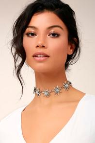 Lulus Intergalactic Silver Rhinestone Choker Necklace