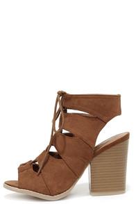 Qupid Honey Babe Dark Rust Suede Block Heel Lace-up Sandals