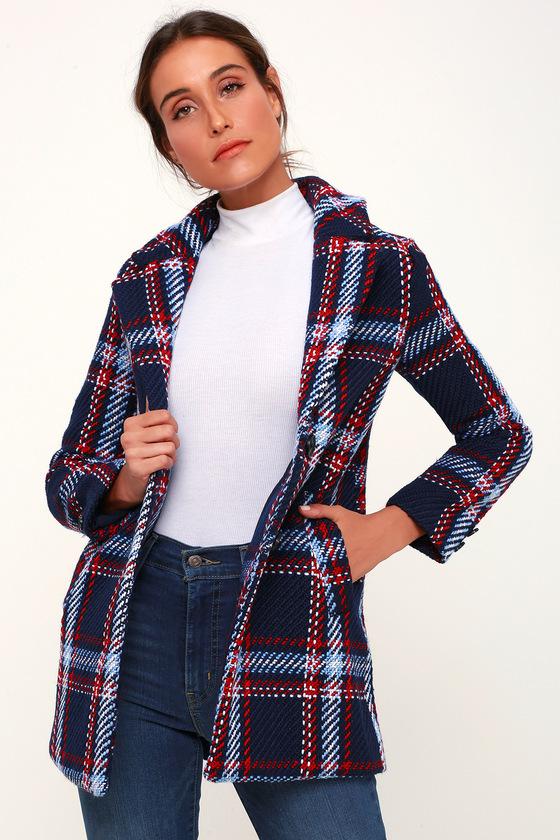 English Factory Clement Navy Blue Plaid Coat | Lulus
