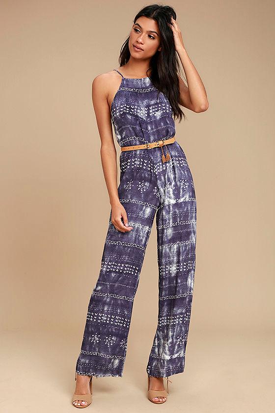 Lucy Love | Gangsta Of Love Indigo Print Jumpsuit | Size Large | Blue | 100% Rayon | Lulus